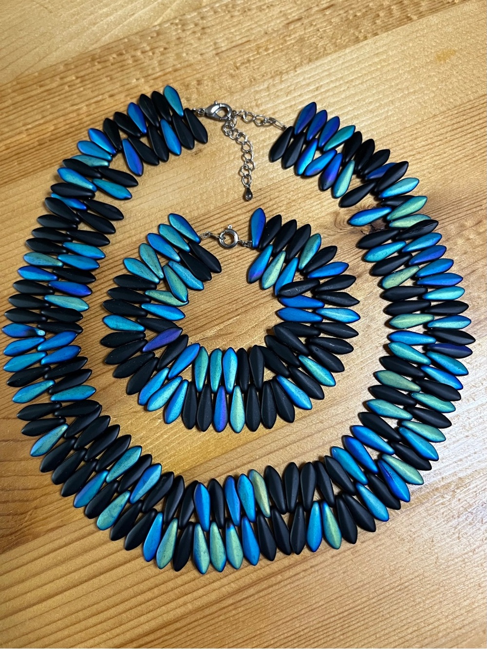 Vintage Iridescent Blue & Black Dagger Bead Necklace and Bracelet Set